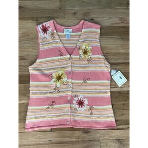 Susan Bristol Womens Vintage Pink Hand Embroidered Floral Sweater Vest Sz L